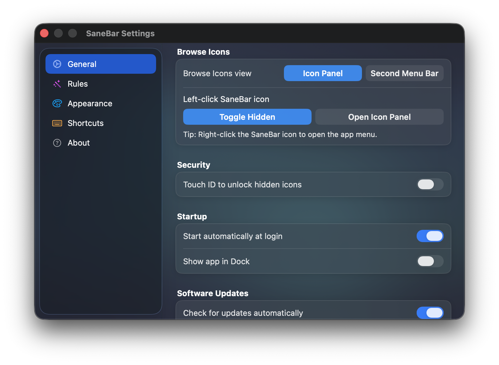 SaneBar browse icon settings
